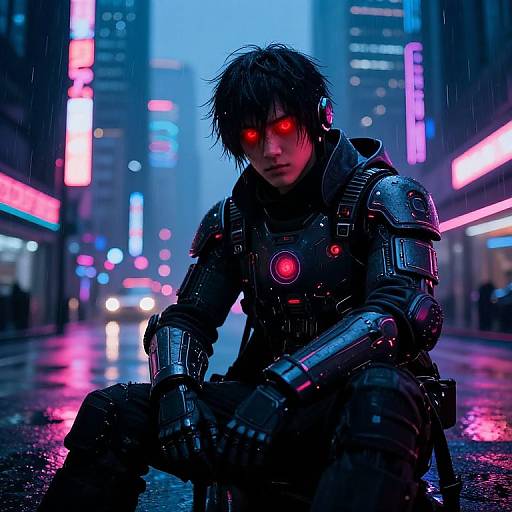 Cyberpunk street scene: glowing red-eyed man in dark, futuristic armor crouches in rain, neon lights reflecting off wet ground. Digital art