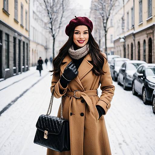 Stylish Woman in Winter Camel Coat and Beret on Snowy Street