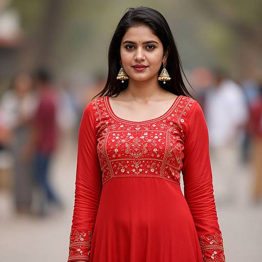 Photograph of a young Indian woman with long black hair, wearing a vibrant red traditional kurti with intricate gold embroidery, and gold dangling earrings,