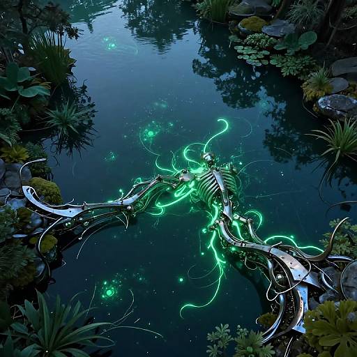Digital artwork of a glowing, neon-green, alien-like creature with intricate tendrils floating in a dark, reflective pond surrounded by lush, shadowy foliage