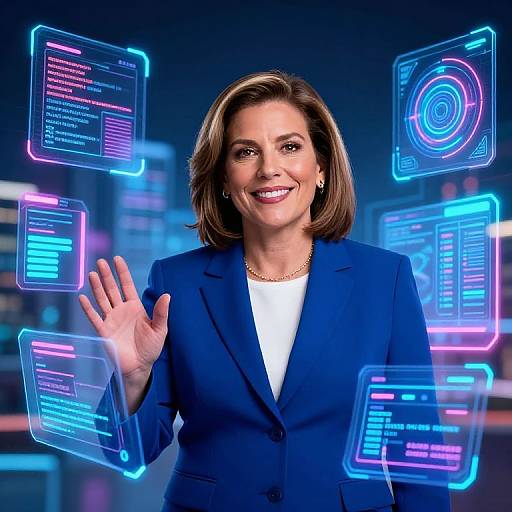 Photograph of a smiling woman with short brown hair, wearing a blue blazer and white shirt, waving, surrounded by glowing blue and purple holographic