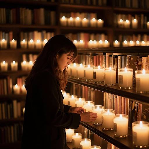 Photograph of a woman with long brown hair, in a black coat, gently touching lit candles on bookshelves, surrounded by numerous glowing candles in