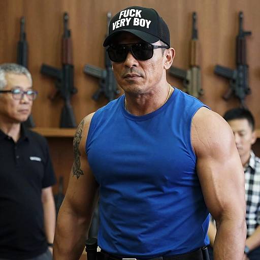 Muscular man in blue sleeveless shirt and black cap