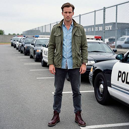 Photograph of a serious-looking man with short brown hair, wearing an olive green jacket, blue shirt, and dark jeans, standing in front of a
