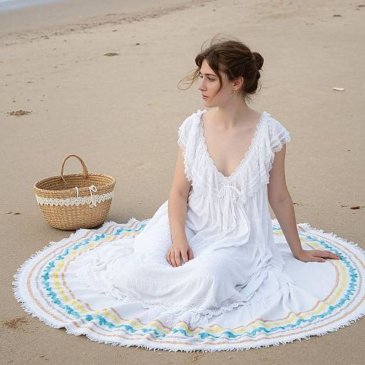 Photograph of a young woman with fair skin and dark hair in a bun, wearing a white, lace-trimmed dress, sitting on a colorful