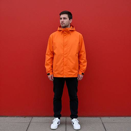 Man in Orange Jacket by Red Wall