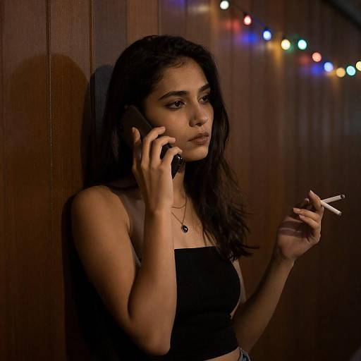 Woman talking on phone with cigarette