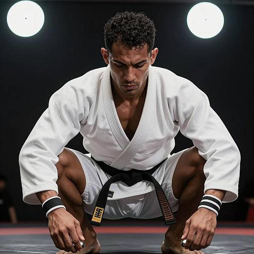 Martial Artist in White Gi with Black Belt Crouching