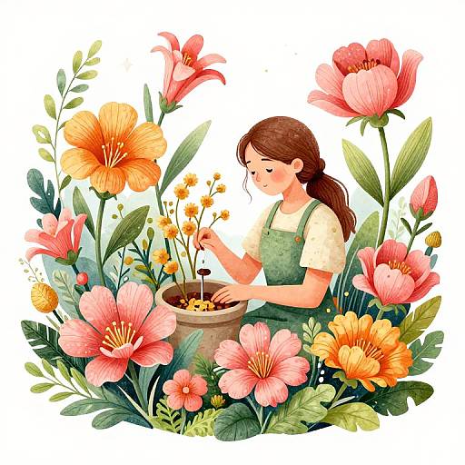 Illustration of a brown-haired woman in green pinafore, tending to flowers in a pot amidst vibrant pink and orange flowers.