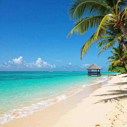 Photograph of a tropical beach with clear turquoise water, white sand, lush green palm trees, and a thatched gazebo on stilts. Bright