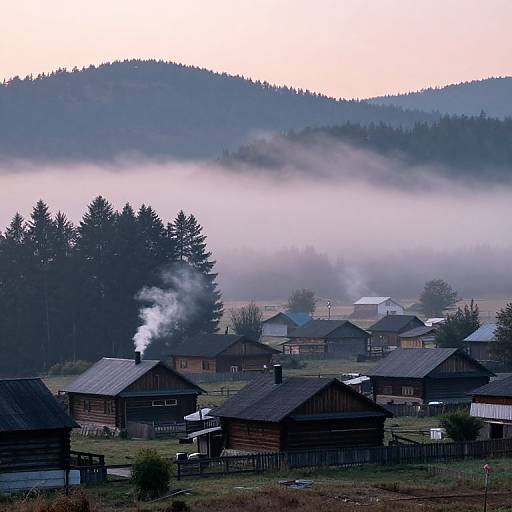 Photograph of a misty rural village with wooden cabins, smoke rising from one chimney, surrounded by trees and fog-covered hills.