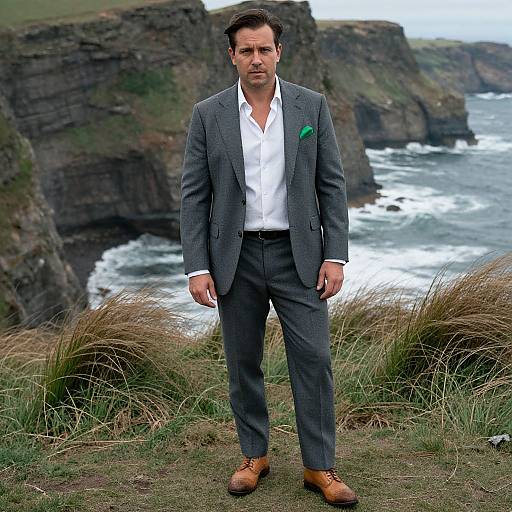 Photograph of a handsome man in a gray suit, white shirt, brown shoes, and green pocket square, standing on a grassy cliff overlooking a