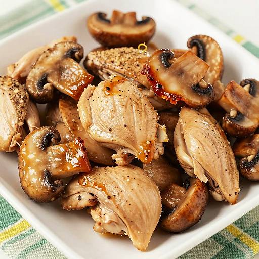 Photograph of cooked chicken and mushrooms, seasoned with black pepper, in a white bowl on a green and yellow plaid cloth.
