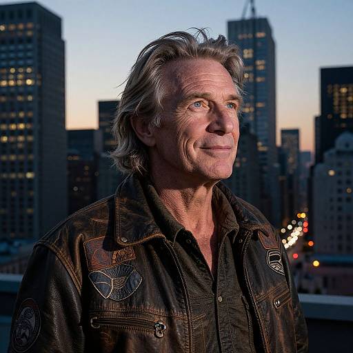 Photograph of middle-aged, silver-haired man with rugged features, wearing a dark, embroidered denim jacket, standing against a cityscape at dusk.