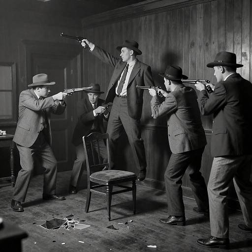 1930s Gangster Shootout in Wooden Room