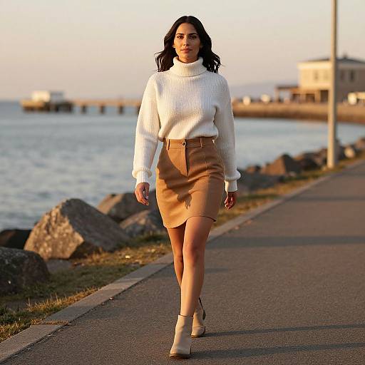 Photograph of a confident woman with dark hair, wearing a white turtleneck, tan skirt, and beige ankle boots, walking on a coastal path