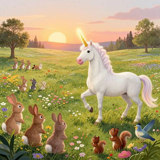 Digital illustration of a white unicorn with a horn, surrounded by rabbits, squirrels, and a blue bird, in a vibrant, sunlit meadow