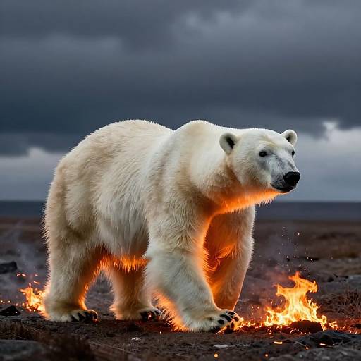 Photograph of a glowing polar bear standing on dark volcanic ground with bright orange flames beneath its feet, against a stormy gray sky.