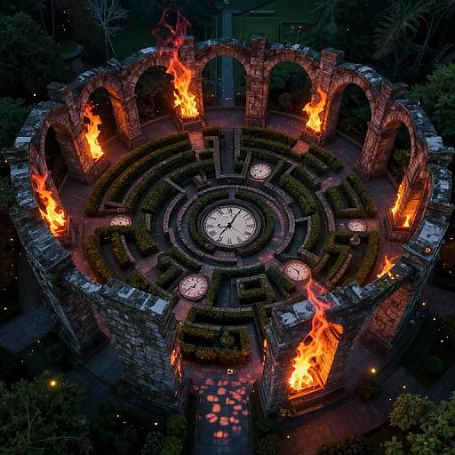 Aerial photograph of a circular, brick maze with eight flaming torches, surrounded by ancient arches, centered on a clock face.