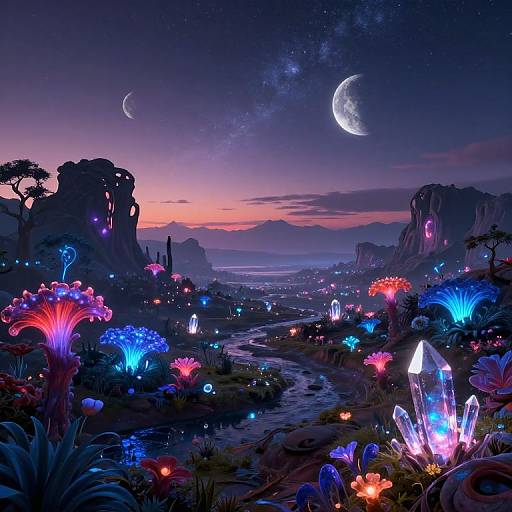 Digital fantasy landscape at dusk: glowing bioluminescent flowers, a winding stream, rocky cliffs, crescent moon, galaxy, and vibrant multicol