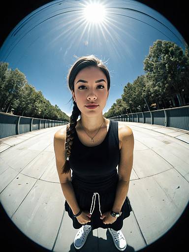 Young Woman in Black Streetwear Dress Outdoors