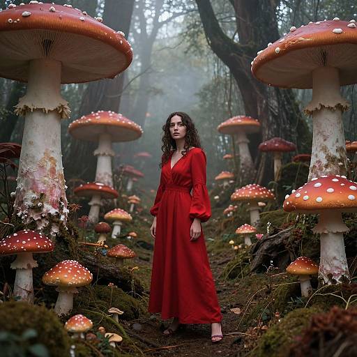 Photograph of a woman in a red dress standing amid a foggy forest with large, red-spotted mushrooms, surrounded by mist and moss-covered trees