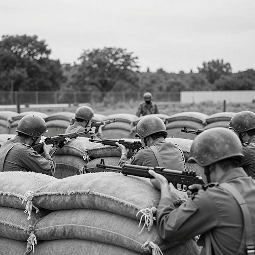 Soldiers Aiming Rifles Behind Sandbag Fortifications