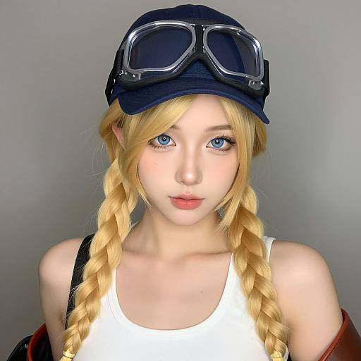Digital portrait of a blonde woman with blue eyes, wearing a black cap with goggles, white tank top, and red jacket, with twin braids and