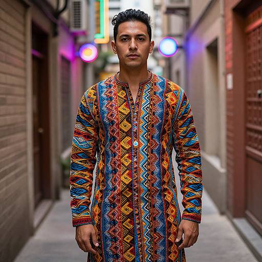 Photograph of a young man with short dark hair, wearing a colorful, patterned traditional African long shirt, standing in a narrow urban alley with neon