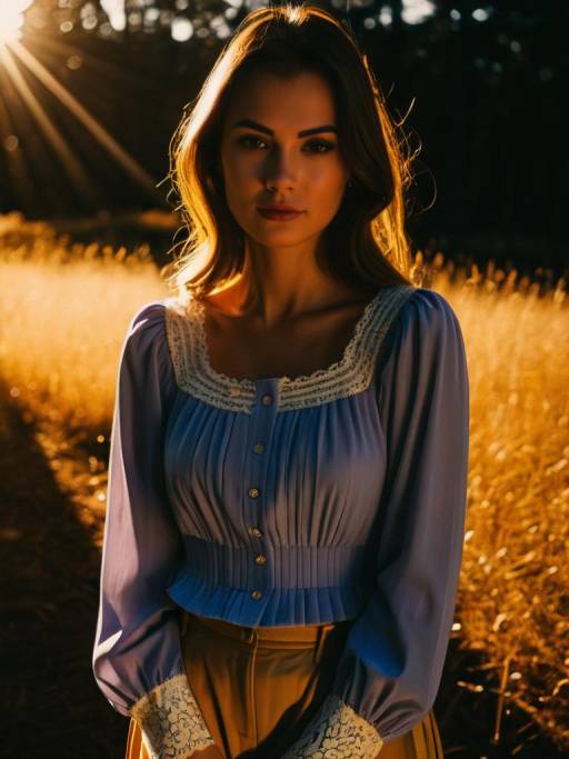Woman in Pastel Lavender Blouse in Golden Light