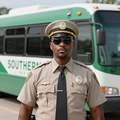 Serious Black Officer with Southern Lines Bus