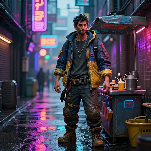 Cyberpunk Street Vendor Portrait