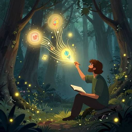 Poet Sketching Magic in Forest