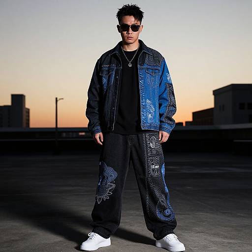 Photograph of a man with spiky hair, sunglasses, blue patterned jacket, black shirt, and pants, standing on an urban rooftop at sunset