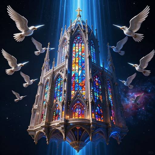 Digital artwork of a glowing, Gothic-style stained glass tower with vibrant multicolored windows, surrounded by white doves flying against a starry, cosmic