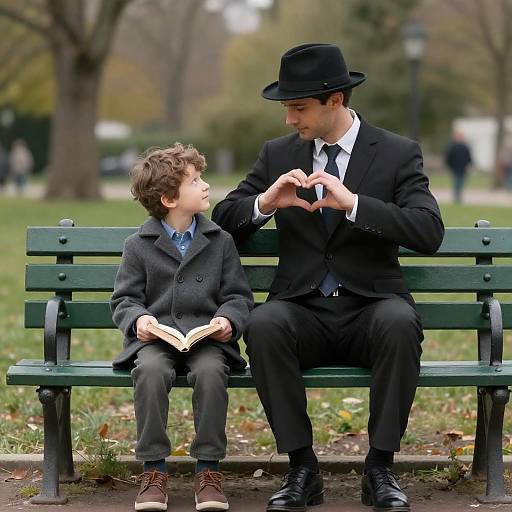 Man and Boy Heart Gesture on Bench