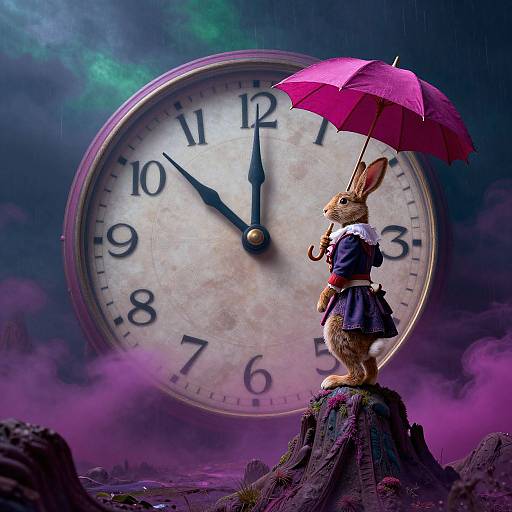 Photograph of an anthropomorphic rabbit in a blue dress holding a pink umbrella, standing on a rock under a giant clock.