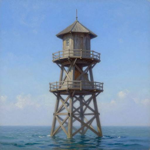Photograph of a rustic wooden lifeguard tower on stilts, surrounded by calm ocean water under a clear blue sky.