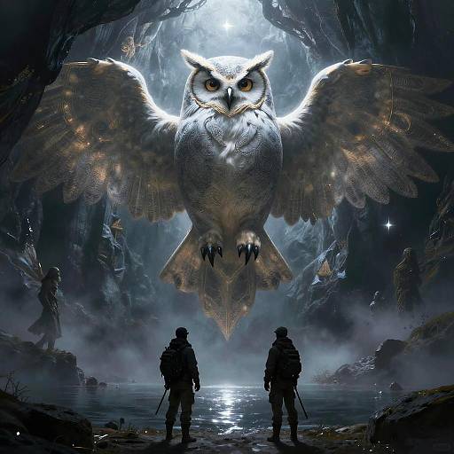 Digital fantasy artwork: Two silhouetted figures stand in a dark, misty cave, gazing at a massive, glowing, winged owl