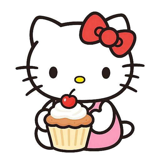 Digital drawing of Hello Kitty holding a cupcake with white frosting and a cherry, wearing a red bow and pink dress.