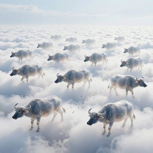 Photograph of nine white water buffaloes with curved horns standing on a sea of fluffy, radiant white clouds, with a few birds flying below.