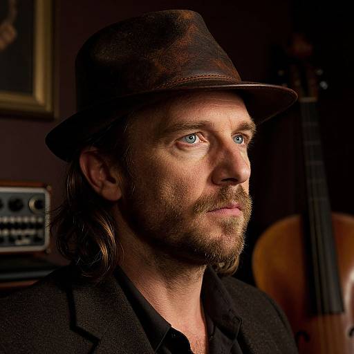 Photograph of a bearded man with blue eyes, wearing a worn brown hat and black coat, gazing thoughtfully into the distance in a dim