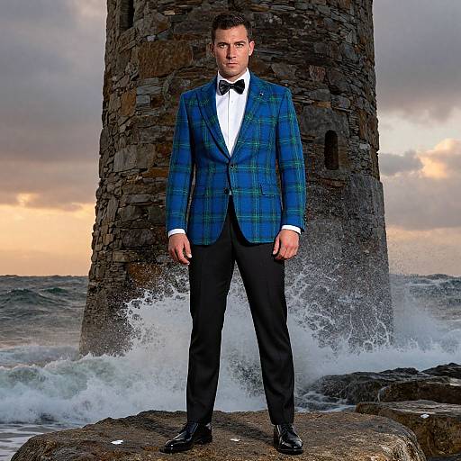 Photograph of a man in a blue plaid blazer, black bow tie, and black pants standing in front of a stone tower by the ocean