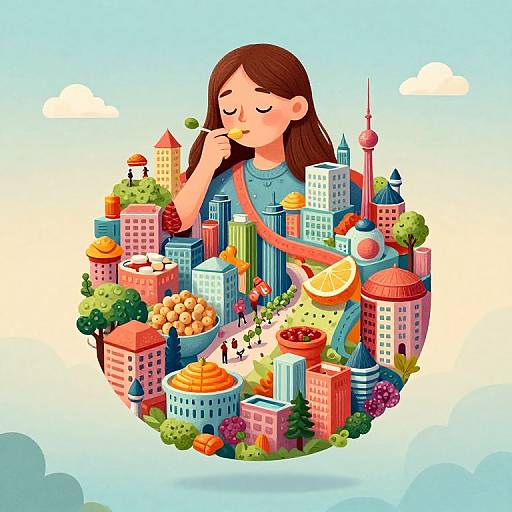 Digital illustration of a brown-haired girl with closed eyes, eating a green grape, surrounded by a colorful cityscape with buildings, trees, and fruits floating