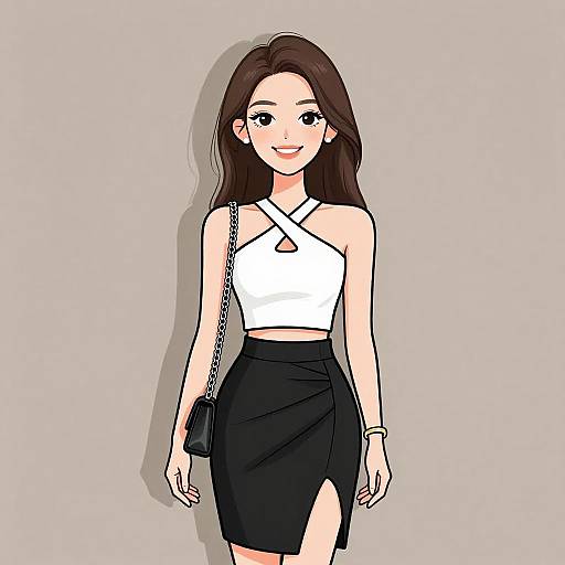 Digital anime-style drawing of a smiling young woman with long brown hair, wearing a white halter top, black high-waisted skirt, and black