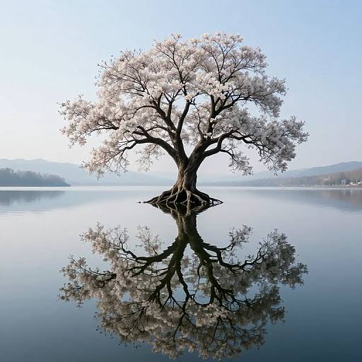 Photograph of a solitary, flowering tree with white blossoms, perfectly reflected in a calm, mirror-like lake under a clear blue sky.