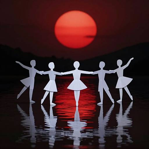 Silhouetted dancers in white dresses, arms outstretched, reflect on a dark, red-tinted water surface, with a glowing red