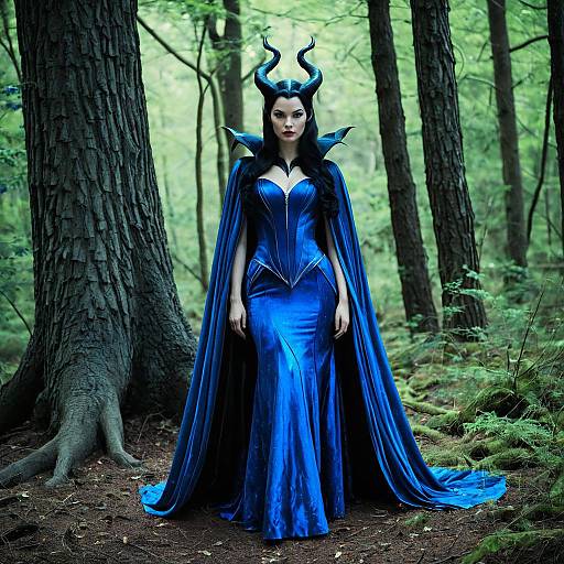 Woman in Blue Maleficent-Inspired Dress in Forest