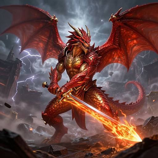 Digital artwork of a muscular red dragon warrior with fiery scales, large wings, and glowing sword, standing amidst a stormy, lightning-filled, ruined landscape