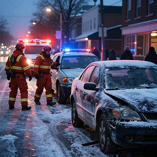 Photograph of two firefighters in red gear conversing on a snowy, wet street at night, with police cars and flashing red and blue lights in the